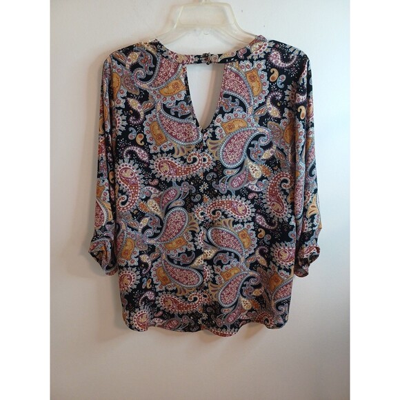 Daniel Rainn Pullover Tunic Top L Red Paisley Blouse Boho Peasant 3/4 Sleeves - Picture 8 of 9